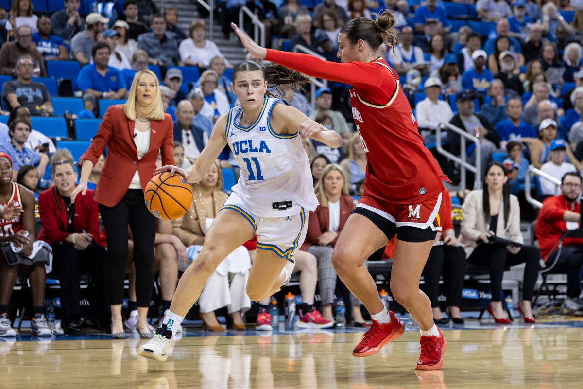 Gabriela Jaquez #11 of the UCLA Bruins drives toward the basket during an NCAA basketball game against the Maryland Terrapins, Sunday January 18, 2026 in Los Angeles, Calif.