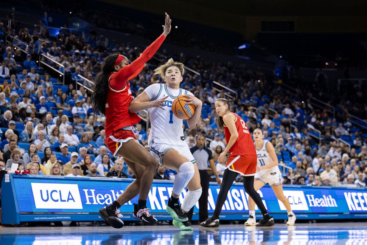 Kiki Rice #1 of the UCLA Bruins drives towards the basket during an NCAA basketball game against the Maryland Terrapins, Sunday January 18, 2026 in Los Angeles, Calif.