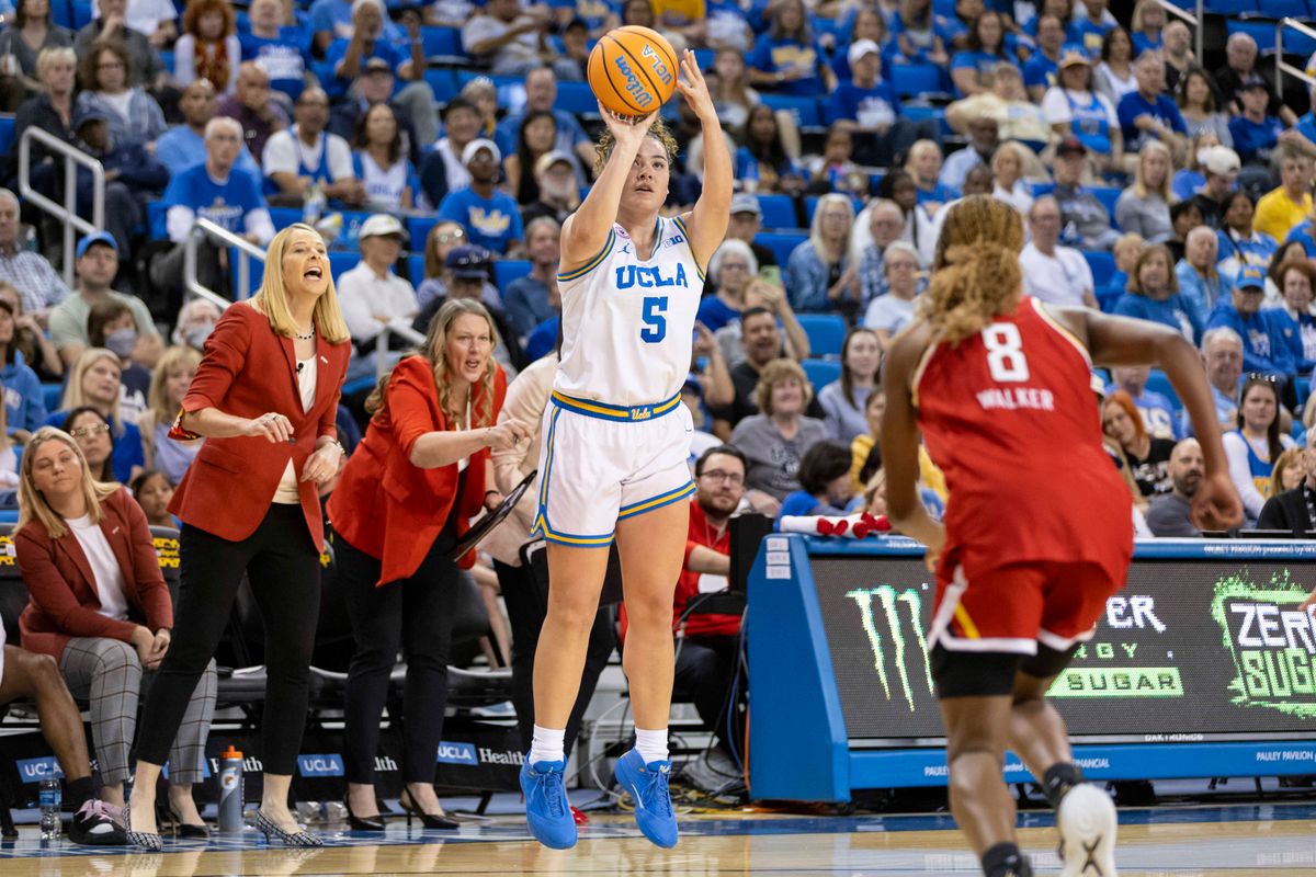 Charlisse Leger-Walker #5 of the UCLA Bruins shoots the ball during an NCAA basketball game against the Maryland Terrapins, Sunday January 18, 2026 in Los Angeles, Calif.