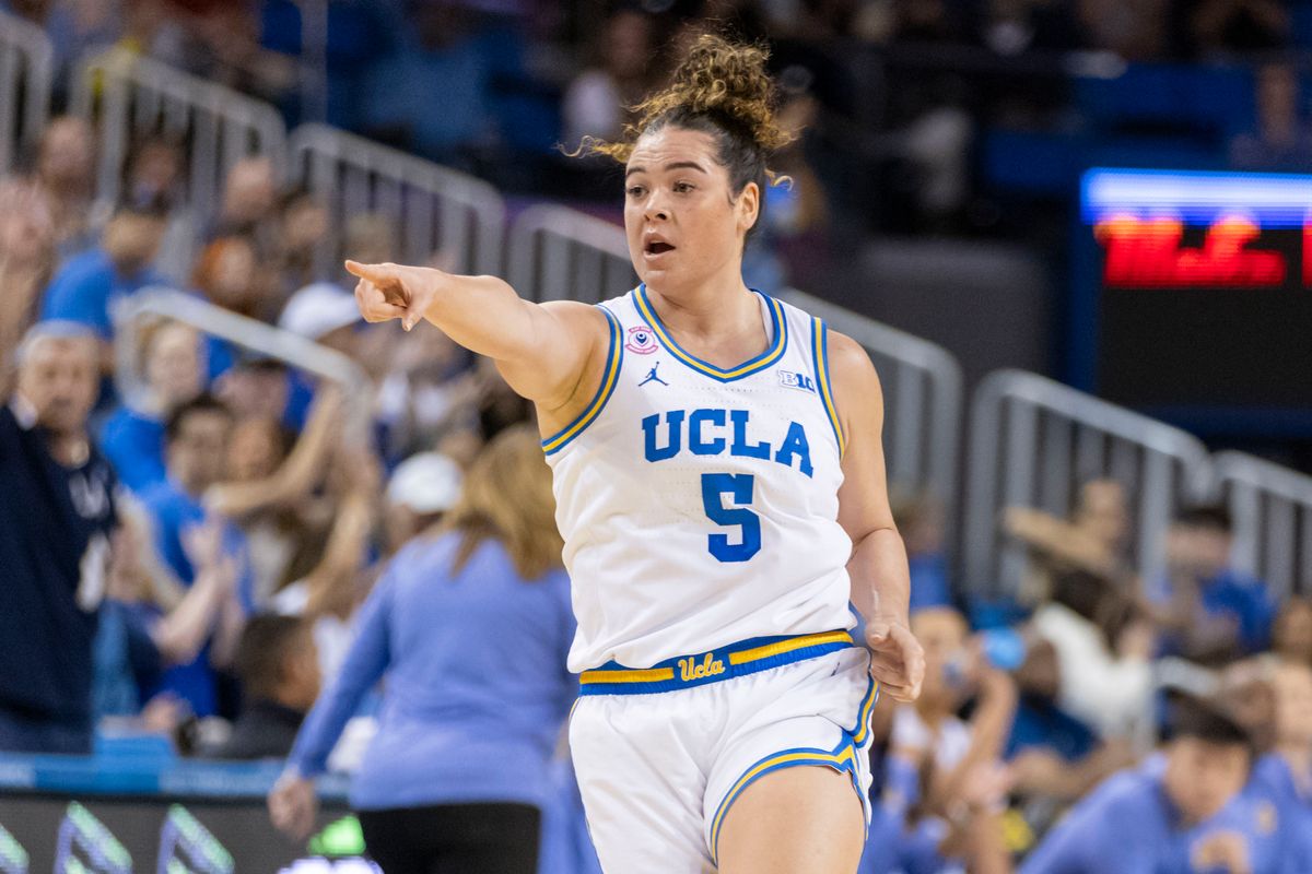 Charlisse Leger-Walker #5 of the UCLA Bruins celebrates a made shot during an NCAA basketball game against the Maryland Terrapins, Sunday January 18, 2026 in Los Angeles, Calif.