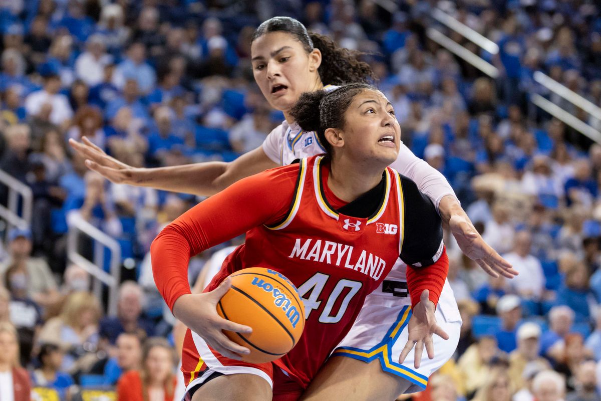 Breanna Williams #40 of the Maryland Terrapins drives towards the basket during an NCAA basketball game against the UCLA Bruins, Sunday January 18, 2026 in Los Angeles, Calif.