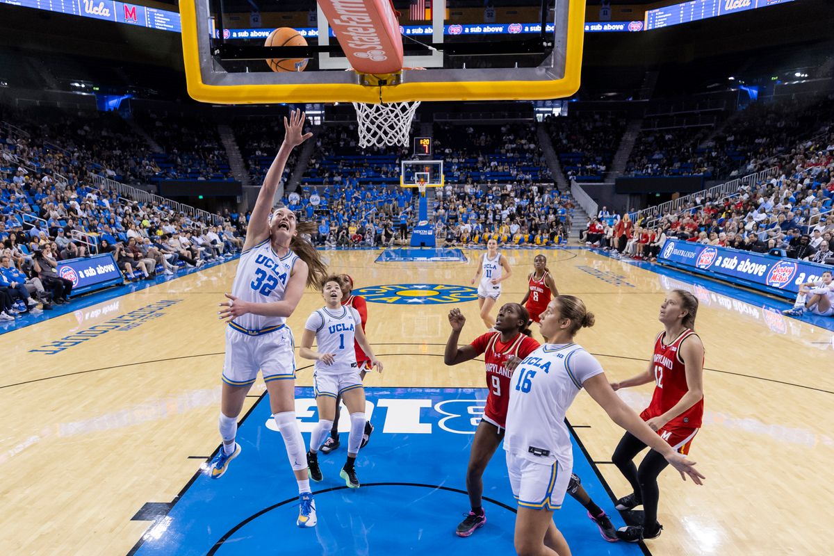 Angela Dugalić #32 of the UCLA Bruins lays the ball up during an NCAA basketball game against the Maryland Terrapins, Sunday January 18, 2026 in Los Angeles, Calif.