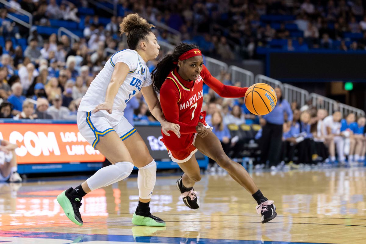 Oluchi Okananwa #7 of the Maryland Terrapins drives towards the basket during an NCAA basketball game against the UCLA Bruins, Sunday January 18, 2026 in Los Angeles, Calif.