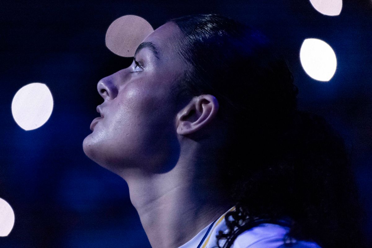 Lauren Betts #51 of the UCLA Bruins during starting lineup introductions before an NCAA basketball game against the Purdue Boilermakers, Wednesday January 21, 2026 in Los Angeles, Calif.