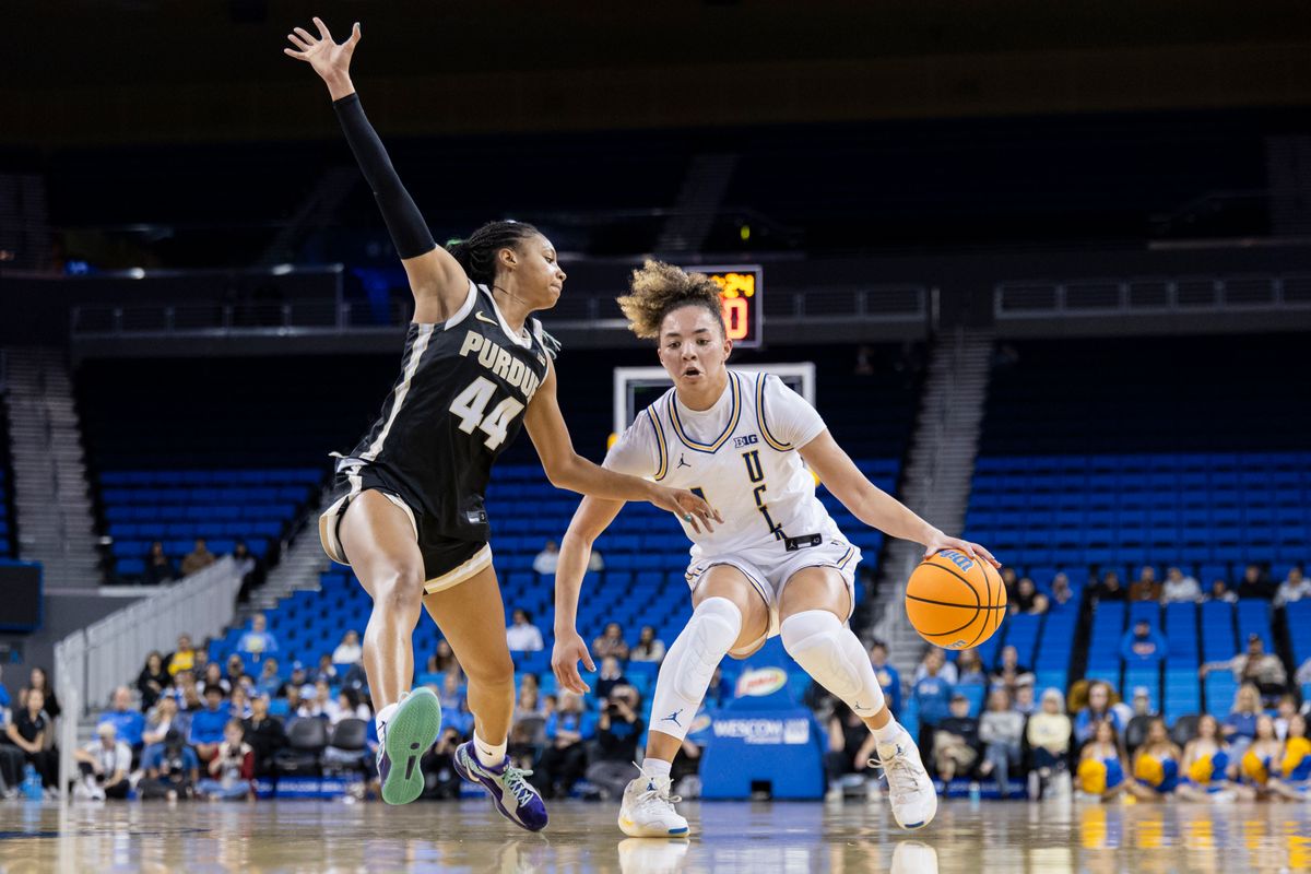 Kiki Rice #1 of the UCLA Bruins handles the ball during an NCAA basketball game against the Purdue Boilermakers, Wednesday January 21, 2026 in Los Angeles, Calif.