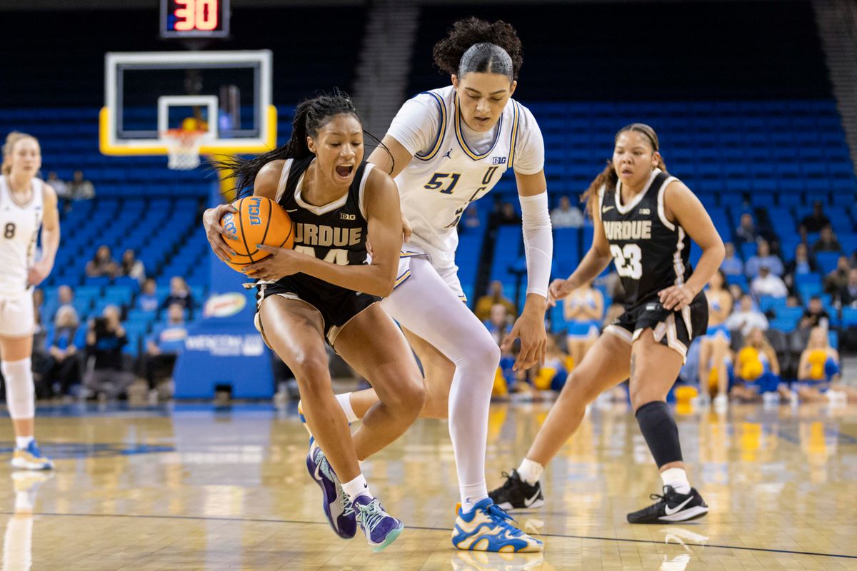 Tara Daye #44 of the Purdue Boilermakers grabs the ball during an NCAA basketball game against the UCLA Bruins, Wednesday January 21, 2026 in Los Angeles, Calif.