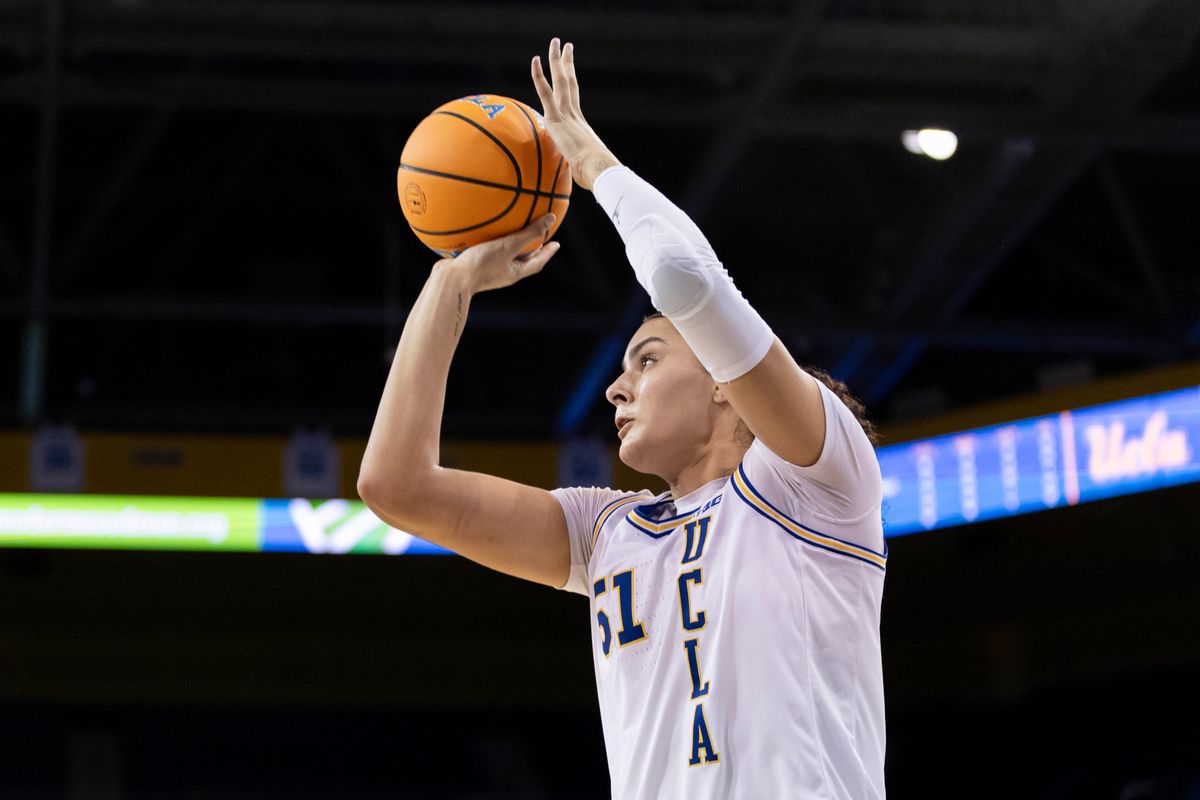 Lauren Betts #51 of the UCLA Bruins shoots the ball during an NCAA basketball game against the Purdue Boilermakers, Wednesday January 21, 2026 in Los Angeles, Calif.