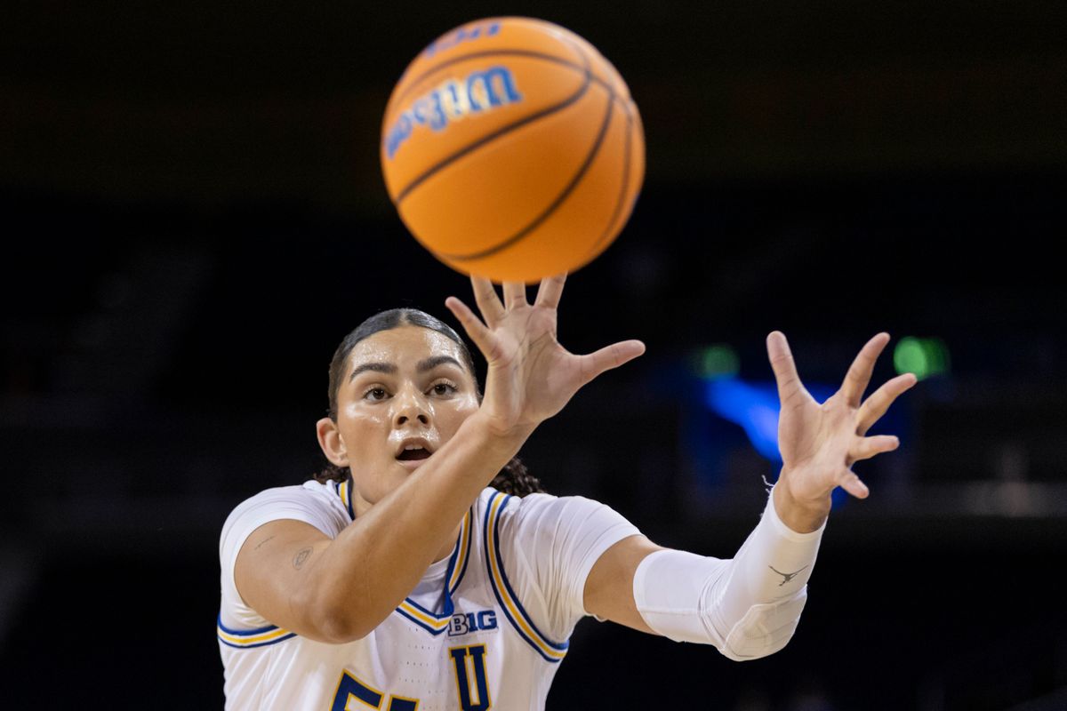 Lauren Betts #51 of the UCLA Bruins reaches for the ball during an NCAA basketball game against the Purdue Boilermakers, Wednesday January 21, 2026 in Los Angeles, Calif.