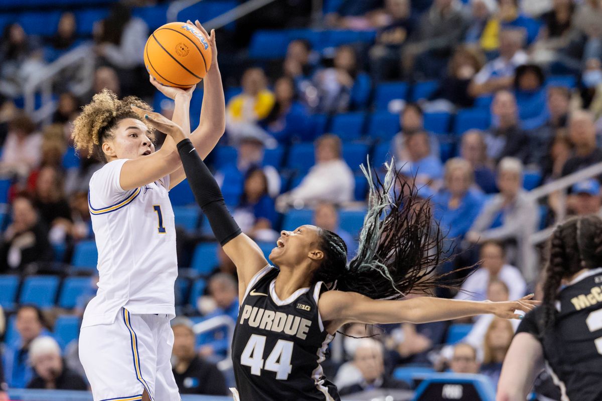 Kiki Rice #1 of the UCLA Bruins shoots the ball during an NCAA basketball game against the Purdue Boilermakers, Wednesday January 21, 2026 in Los Angeles, Calif.
