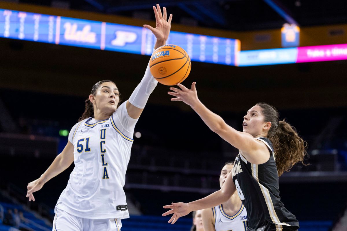 Hila Karsh #8 of the Purdue Boilermakers lays the ball up during an NCAA basketball game against the UCLA Bruins, Wednesday January 21, 2026 in Los Angeles, Calif.