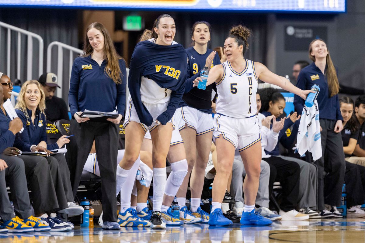 The UCLA Bruins bench celebrates during an NCAA basketball game against the Purdue Boilermakers, Wednesday January 21, 2026 in Los Angeles, Calif.