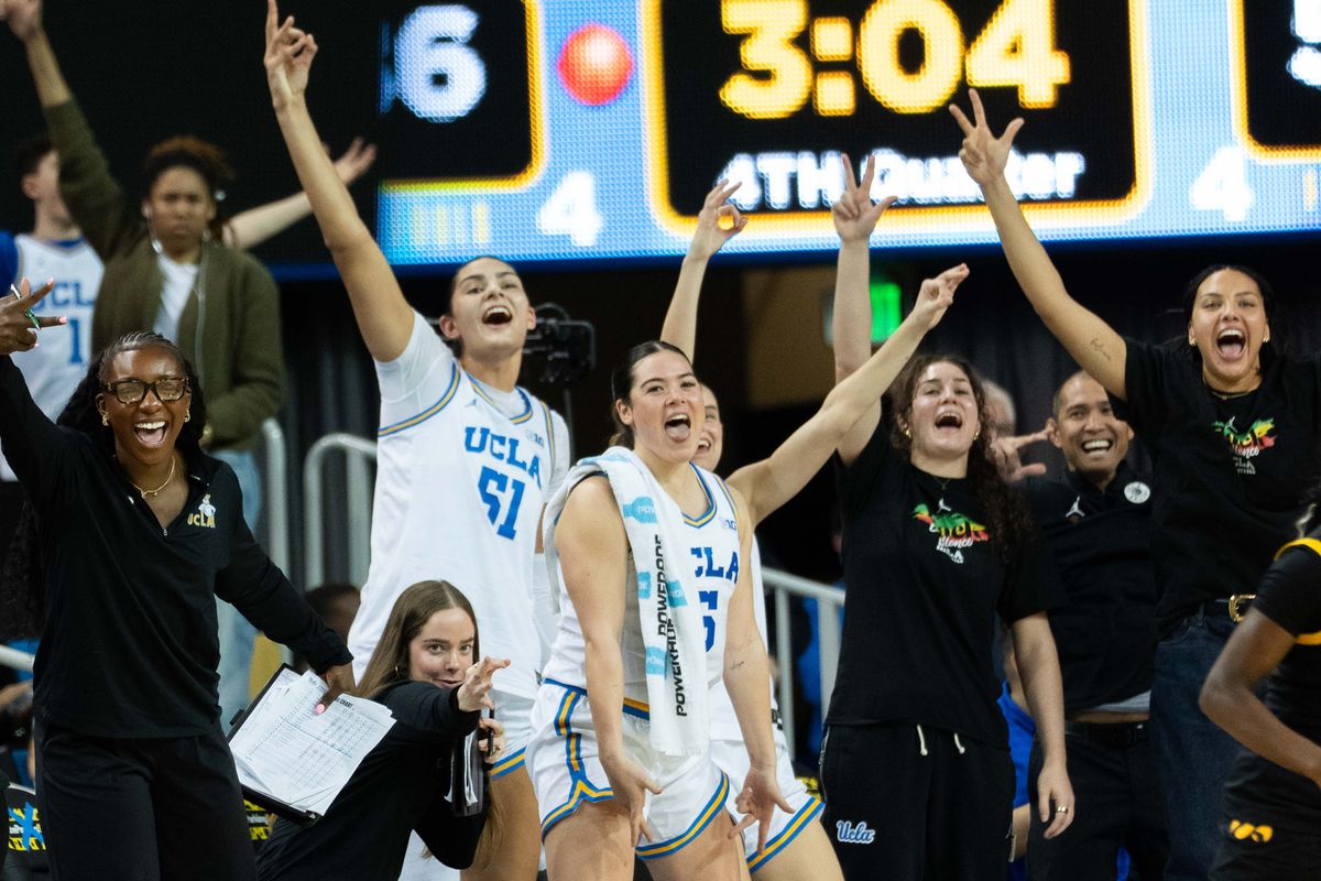 UCLA bench celebrates a three-pointer during a Big 10 basketball game against Iowa, Sunday February 1st, 2026 in Los Angeles, California