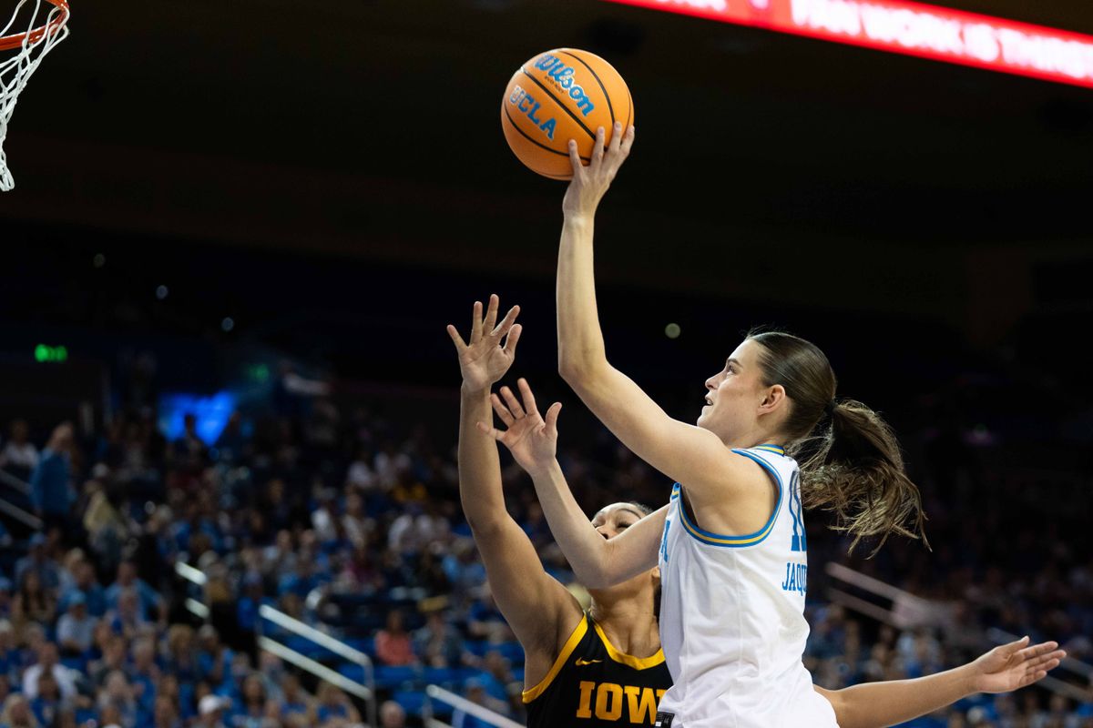 UCLA guard Gabriela Jaquez (11) shoots the ball during a Big 10 basketball game against Iowa, Sunday February 1st, 2026 in Los Angeles, California