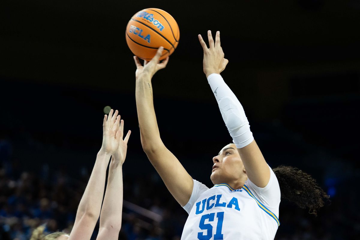 UCLA center Lauren Betts (51) shoots the ball during a Big 10 basketball game against Iowa, Sunday February 1st, 2026 in Los Angeles, California