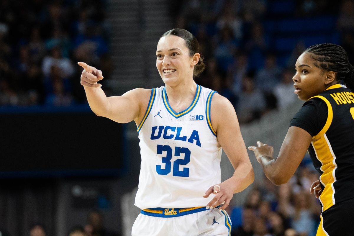 UCLA forward Angela Dugalic (32) celebrates a made shot during a Big 10 basketball game against Iowa, Sunday February 1st, 2026 in Los Angeles, California