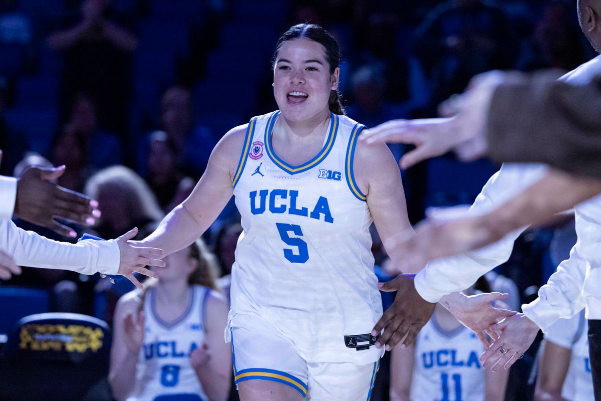Charlisse Leger-Walker #5 of the UCLA Bruins is introduced before an NCAA basketball game against the Rutgers Scarlet Knights, Wednesday February 4, 2026 in Los Angeles, Calif.