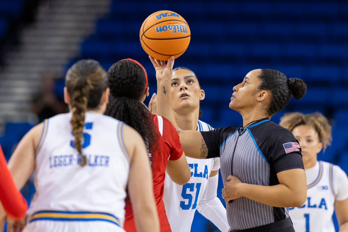 Lauren Betts #51 of the UCLA Bruins prepares for the opening tip-off during an NCAA basketball game against the Rutgers Scarlet Knights, Wednesday February 4, 2026 in Los Angeles, Calif.