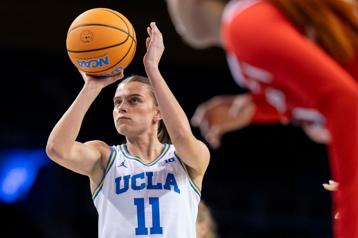 Gabriela Jaquez #11 of the UCLA Bruins shoots a free throw during an NCAA basketball game against the Rutgers Scarlet Knights, Wednesday February 4, 2026 in Los Angeles, Calif.