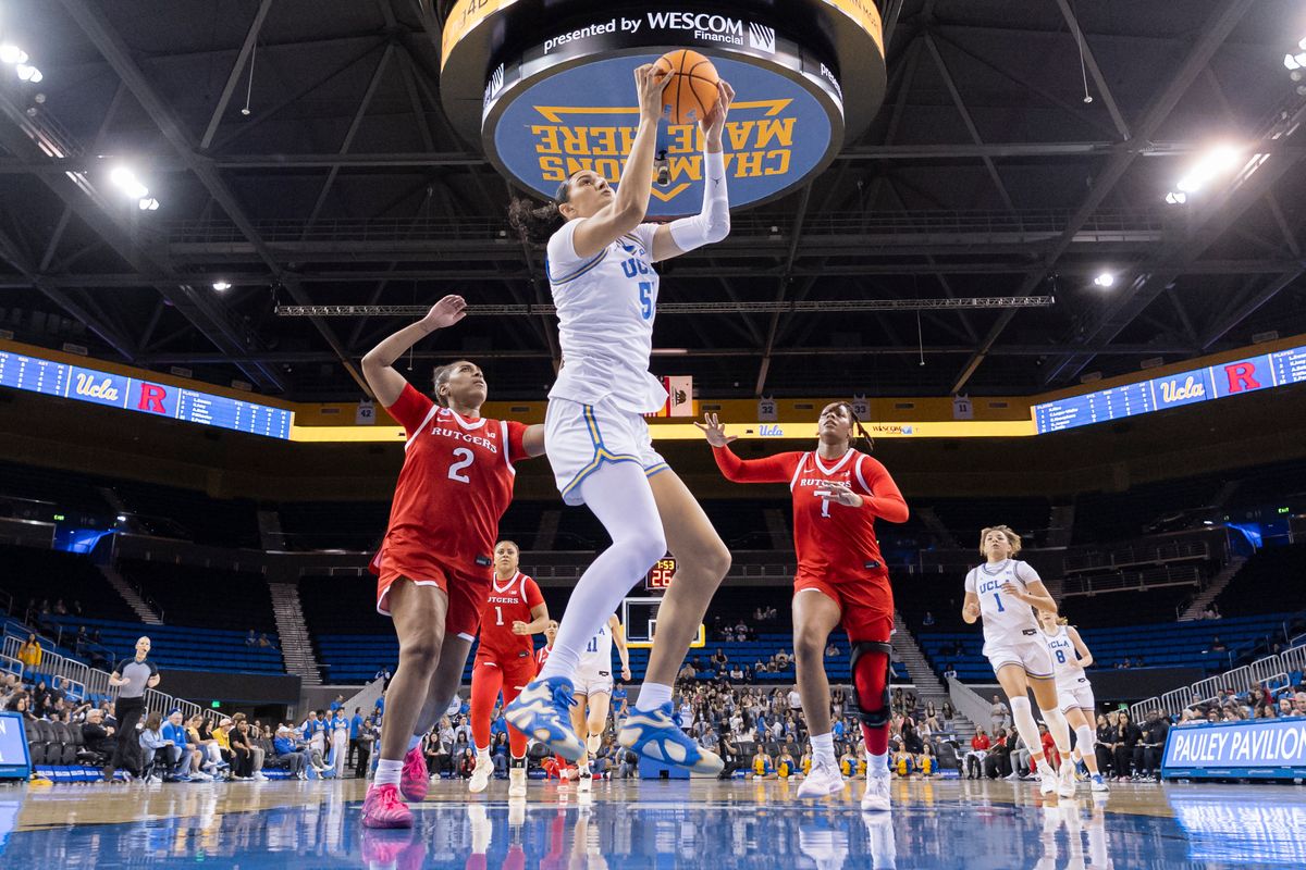 Lauren Betts #51 of the UCLA Bruins grabs the ball during an NCAA basketball game against the Rutgers Scarlet Knights, Wednesday February 4, 2026 in Los Angeles, Calif.