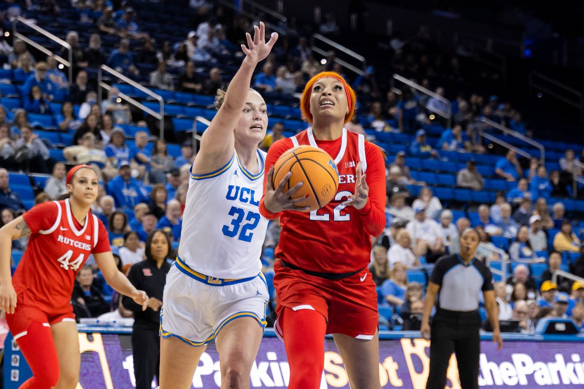 Zachara Perkins #22 of the Rutgers Scarlet Knights lays the ball up during an NCAA basketball game against the UCLA Bruins, Wednesday February 4, 2026 in Los Angeles, Calif.