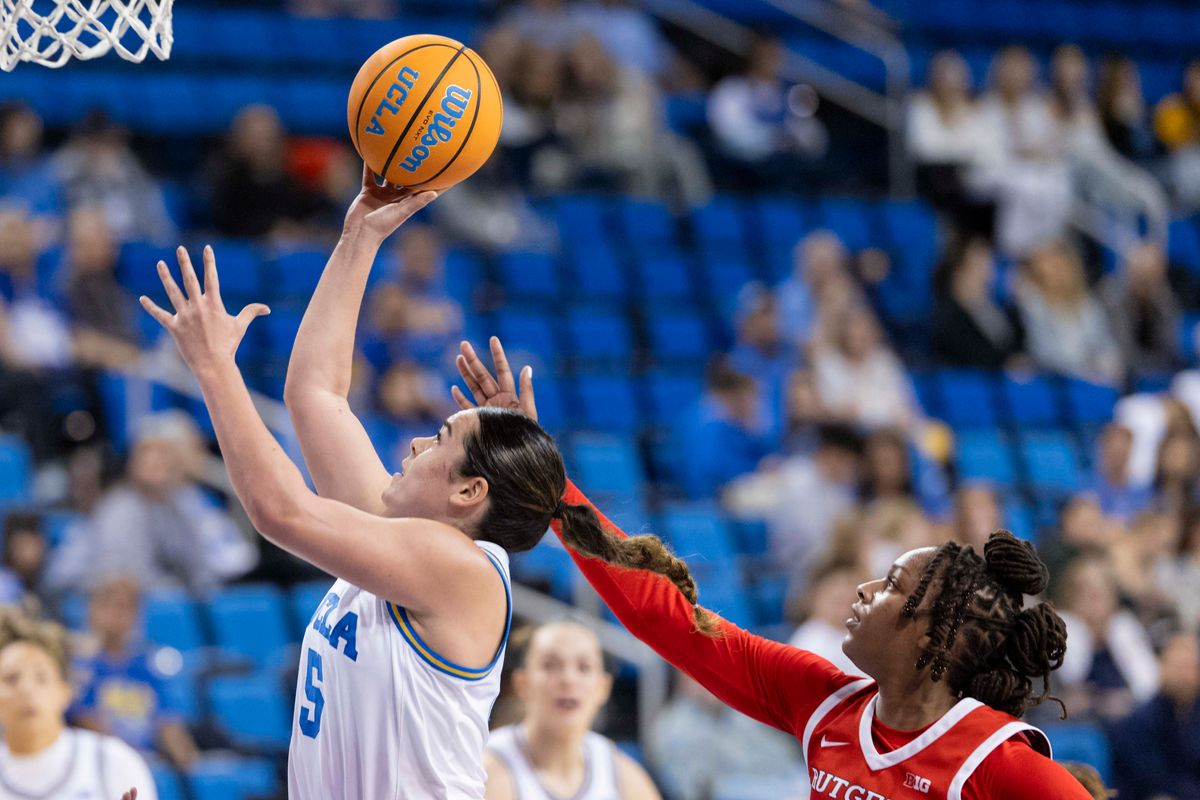 Charlisse Leger-Walker #5 of the UCLA Bruins lays the ball up during an NCAA basketball game against the Rutgers Scarlet Knights, Wednesday February 4, 2026 in Los Angeles, Calif.