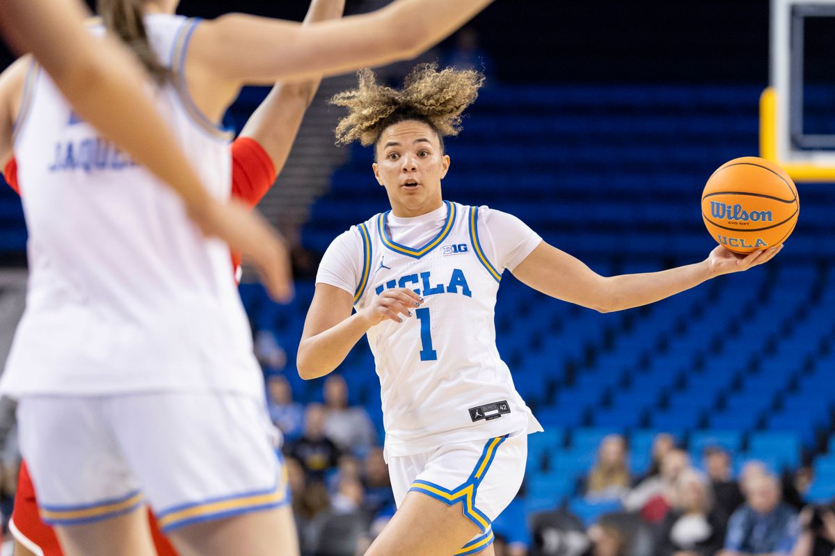 Kiki Rice #1 of the UCLA Bruins handles the ball during an NCAA basketball game against the Rutgers Scarlet Knights, Wednesday February 4, 2026 in Los Angeles, Calif.