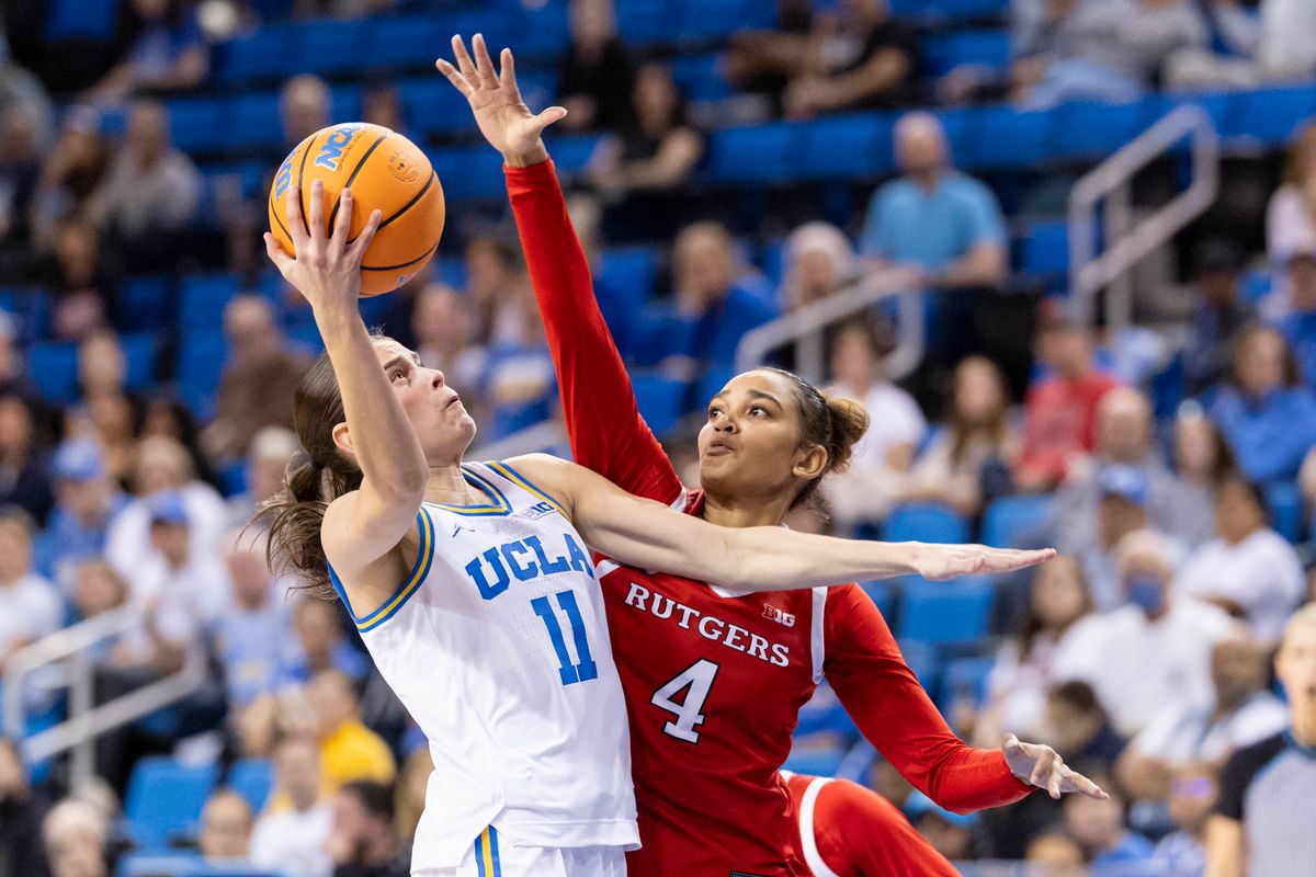 Gabriela Jaquez #11 of the UCLA Bruins lays the ball up during an NCAA basketball game against the Rutgers Scarlet Knights, Wednesday February 4, 2026 in Los Angeles, Calif.