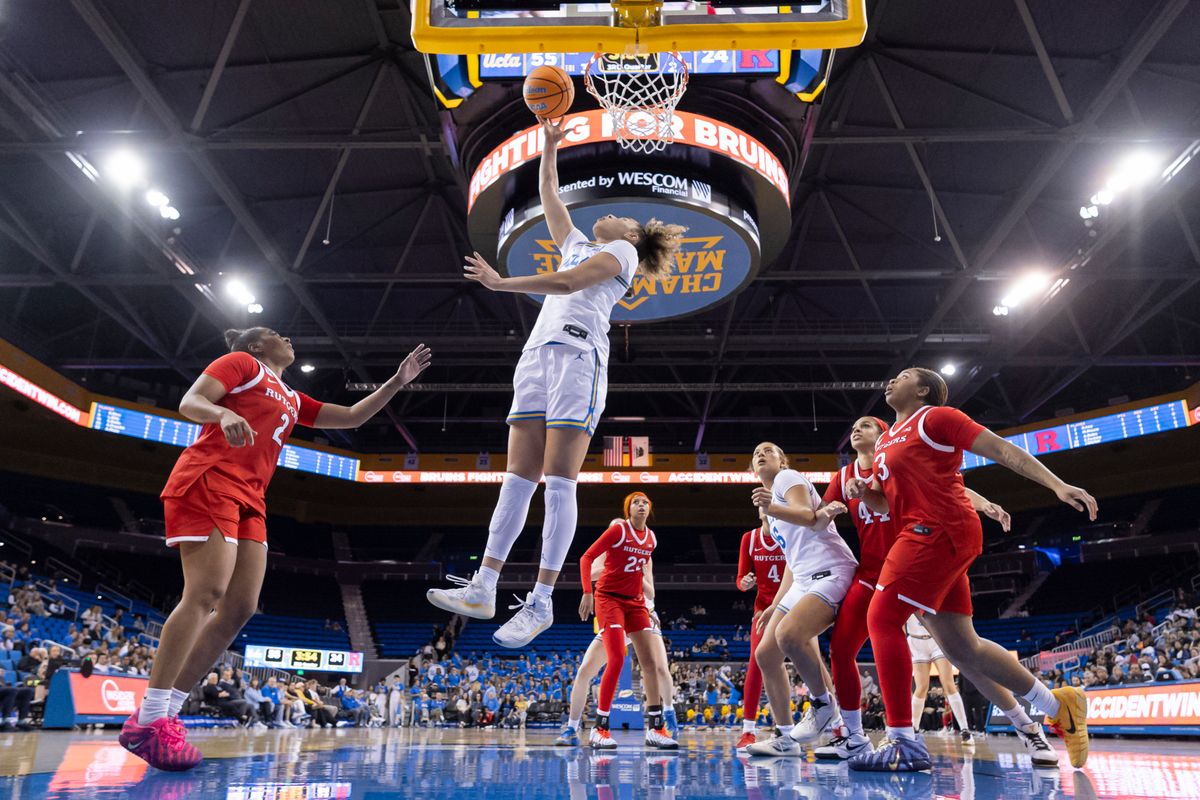 Kiki Rice #1 of the UCLA Bruins lays the ball up during an NCAA basketball game against the Rutgers Scarlet Knights, Wednesday February 4, 2026 in Los Angeles, Calif.