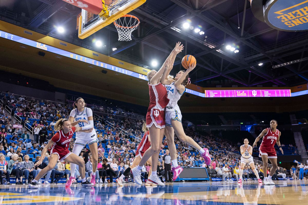Gabriela Jaquez #11 of the UCLA Bruins lays the ball up during an NCAA basketball game against the Indiana Hoosiers, Sunday February 15, 2026 in Los Angeles, Calif.