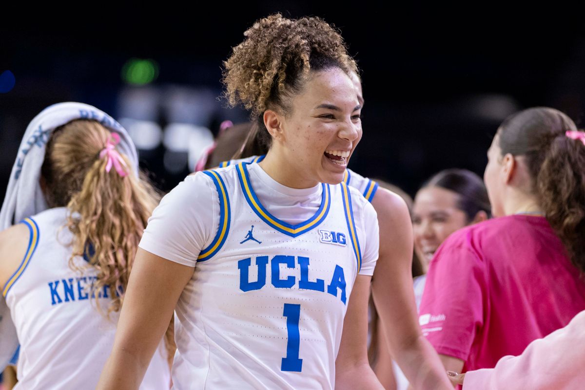 Kiki Rice #1 of the UCLA Bruins smiles on the court during an NCAA basketball game against the Indiana Hoosiers, Sunday February 15, 2026 in Los Angeles, Calif.