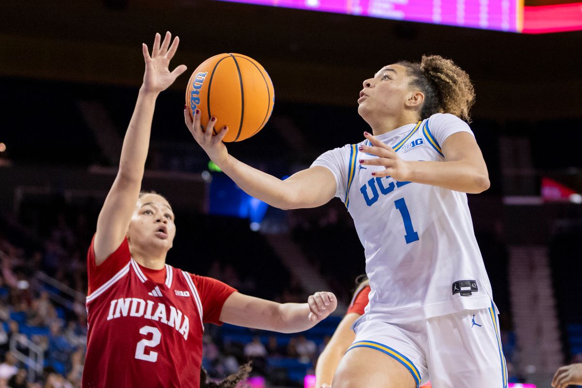Kiki Rice #1 of the UCLA Bruins lays the ball up during an NCAA basketball game against the Indiana Hoosiers, Sunday February 15, 2026 in Los Angeles, Calif.