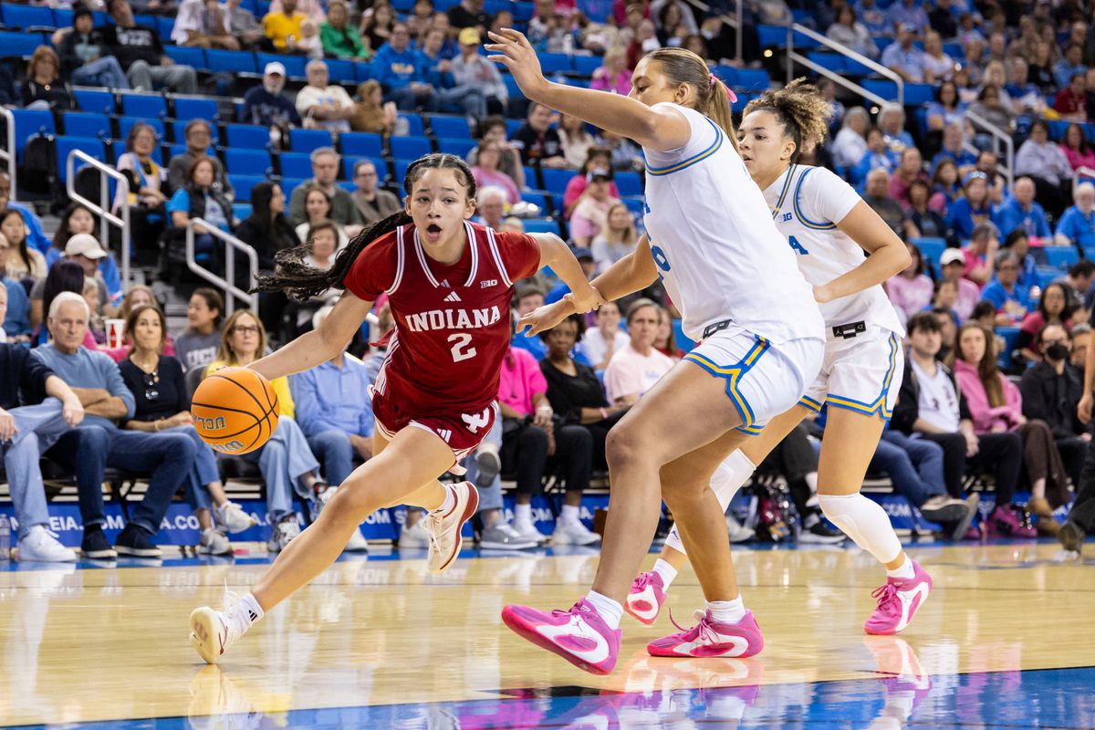 Nevaeh Caffey #2 of the Indiana Hoosiers drives towards the basket during an NCAA basketball game against the UCLA Bruins, February 15, 2026 in Los Angeles, Calif.