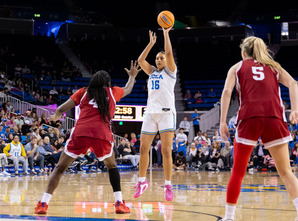 Sienna Betts #16 of the UCLA Bruins shoots the ball during an NCAA basketball game against the Indiana Hoosiers, February 15, 2026 in Los Angeles, Calif.