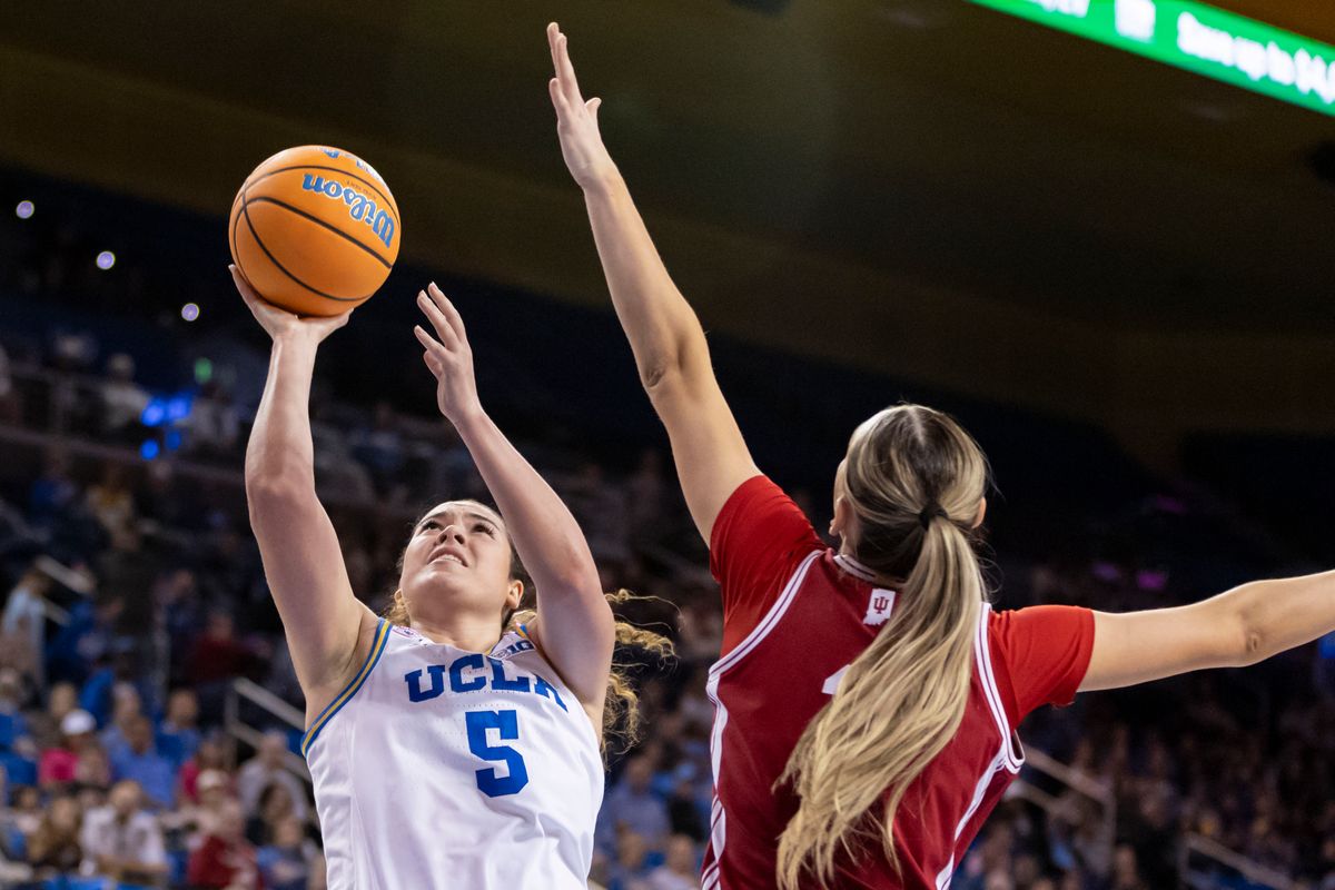 Charlisse Leger-Walker #5 of the UCLA Bruins shoots the ball during an NCAA basketball game against the Indiana Hoosiers, February 15, 2026 in Los Angeles, Calif.