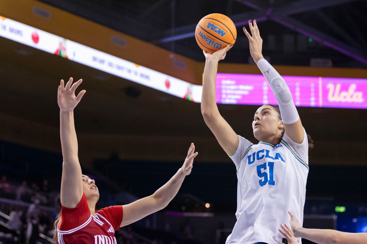 Lauren Betts #51 of the UCLA Bruins shoots the ball during an NCAA basketball game against the Indiana Hoosiers, February 15, 2026 in Los Angeles, Calif.