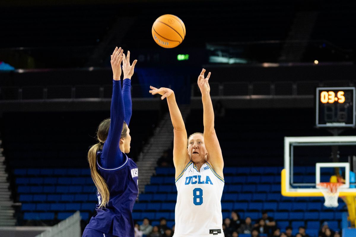 UCLA guard Gianna Kneepkens (8) shoots the ball during a Big 10 basketball game against Washington, Thursday February 19th, 2026 in Los Angeles, California