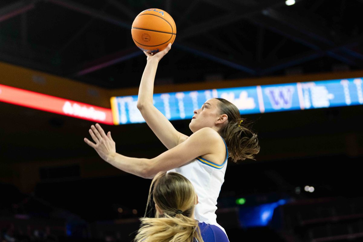 UCLA guard Gabriela Jaquez (11) shoots the ball during a Big 10 basketball game against Washington, Thursday February 19th, 2026 in Los Angeles, California