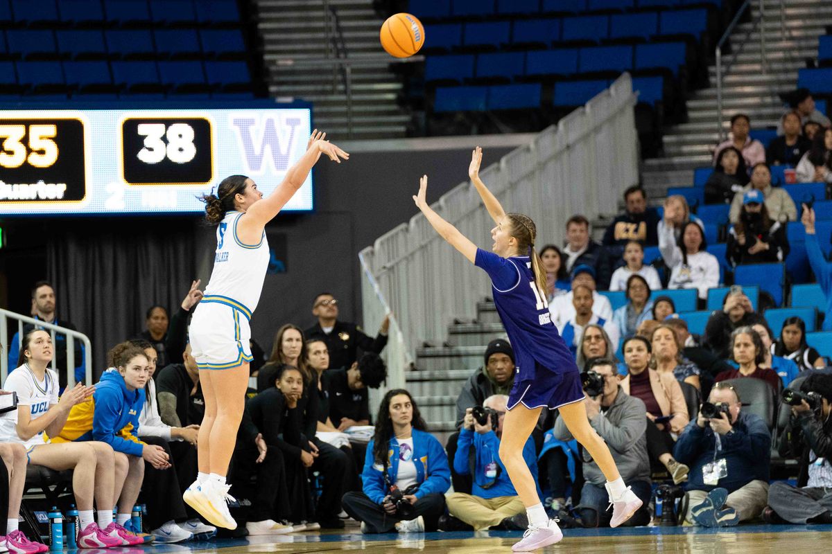 UCLA guard Charlisse Leger-Walker (5) shoots the ball during a Big 10 basketball game against Washington, Thursday February 19th, 2026 in Los Angeles, California