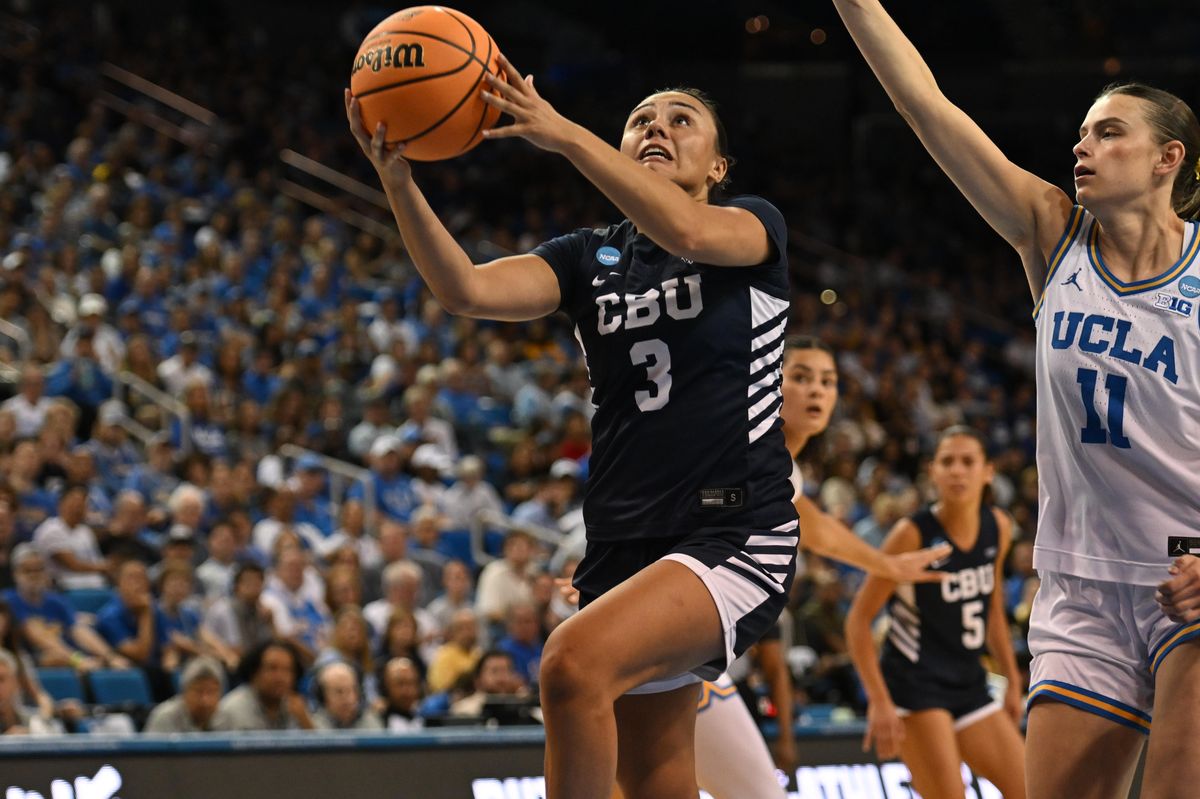 CBU guard Shawnessy Nordstrom #3 drives to the basket during an NCAA Women's Basketball game between California Baptist University and University of California Los Angeles on Saturday, March 21, 2026 at Pauley Pavilion in Los Angeles Calif