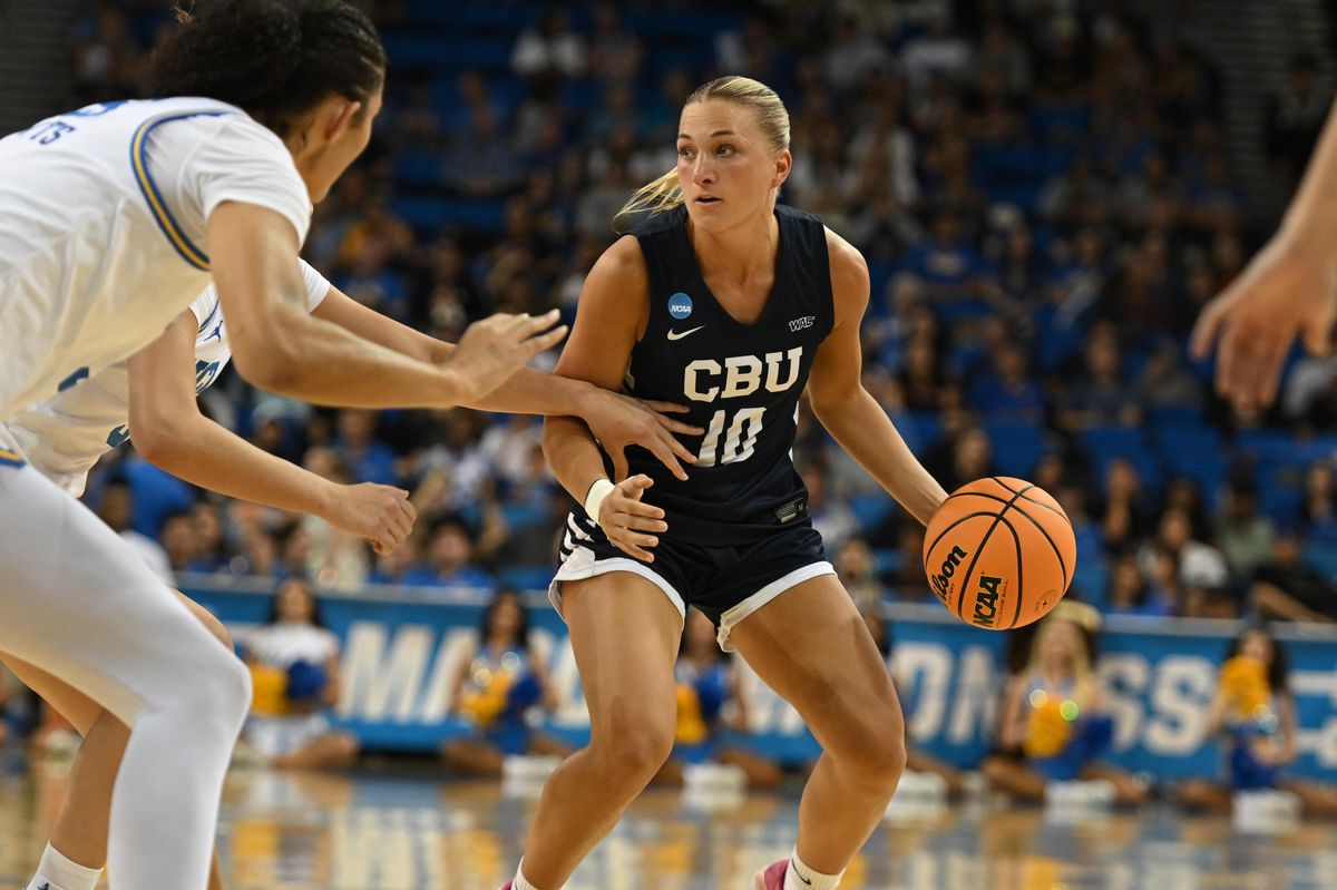 CBU guard Chance Bucher #10 looks for a team mate during an NCAA Women's Basketball game between California Baptist University and University of California Los Angeles on Saturday, March 21, 2026 at Pauley Pavilion in Los Angeles Calif