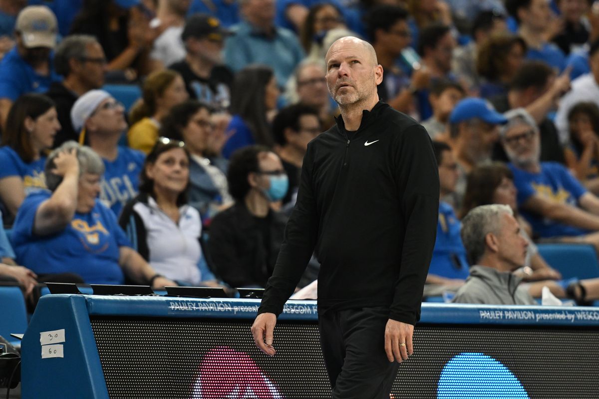 CBU head coach Jarrod Olson watches the action during an NCAA Women's Basketball game between California Baptist University and University of California Los Angeles on Saturday, March 21, 2026 at Pauley Pavilion in Los Angeles Calif