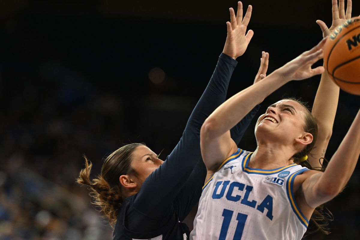UCLA guard Gabriela Jaquez #11 drives hard to the basket during an NCAA Women's Basketball game between California Baptist University and University of California Los Angeles on Saturday, March 21, 2026 at Pauley Pavilion in Los Angeles Calif