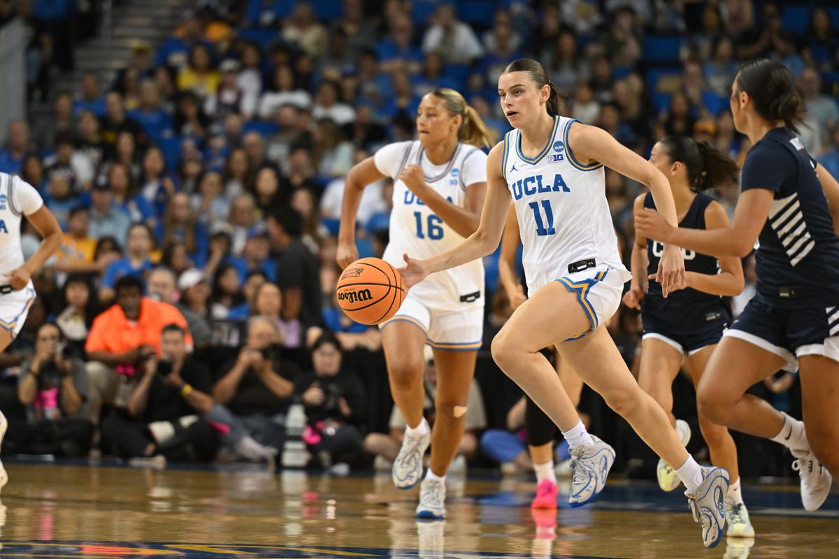 UCLA guard Gabriela Jaquez #11 brings the ball down court during a fast break during an NCAA Women's Basketball game between California Baptist University and University of California Los Angeles on Saturday, March 21, 2026 at Pauley Pavilion in Los Angeles Calif