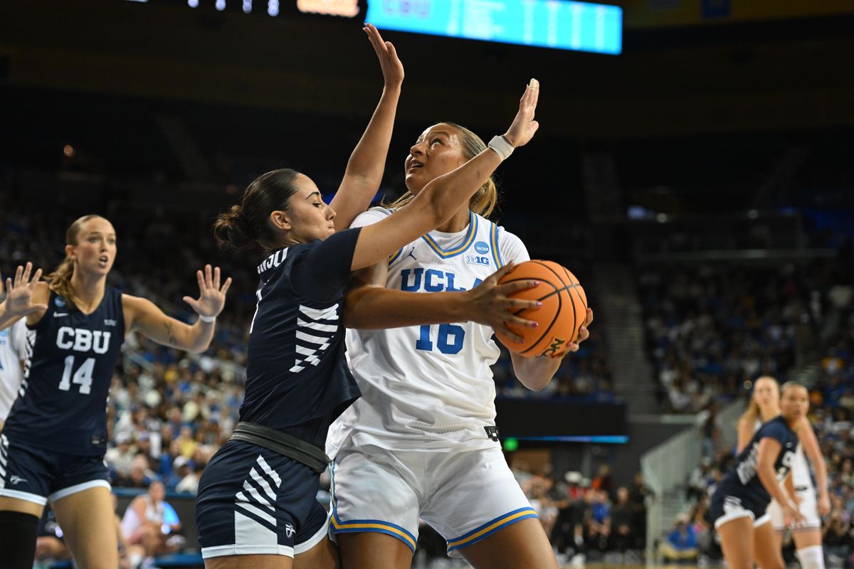 UCLA forward Sienna Betts #16 makes a move to the basket during a fast break during an NCAA Women's Basketball game between California Baptist University and University of California Los Angeles on Saturday, March 21, 2026 at Pauley Pavilion in Los Angeles Calif
