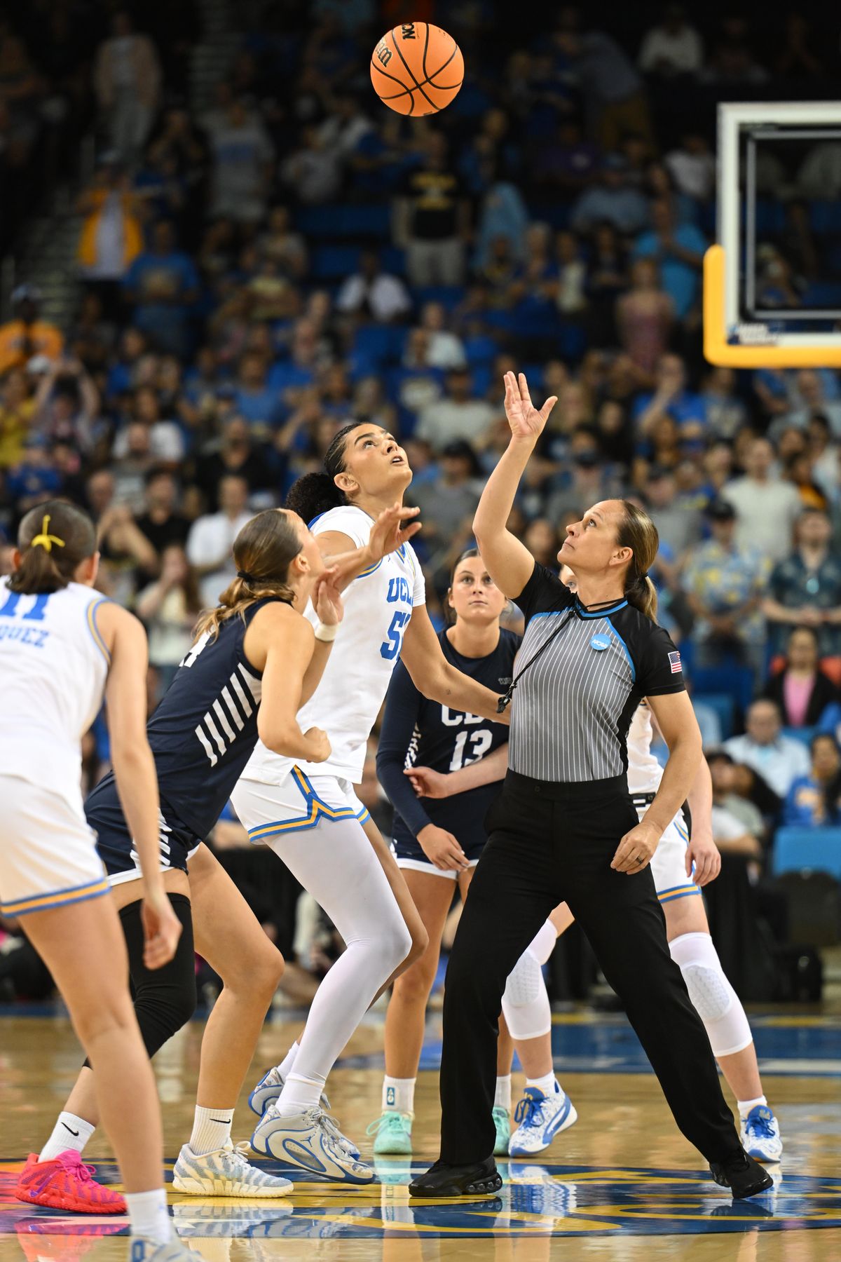 UCLA center Lauren Betts #51 eyes the ball during an NCAA Women's Basketball game between California Baptist University and University of California Los Angeles on Saturday, March 21, 2026 at Pauley Pavilion in Los Angeles Calif
