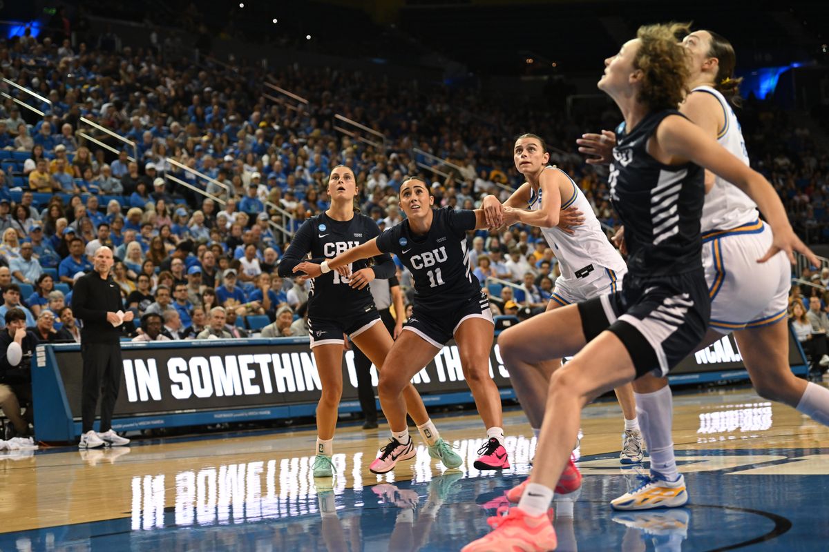 CBU guard Shawnessy Nordstrom #3 battles for the rebound during a fast break during an NCAA Women's Basketball game between California Baptist University and University of California Los Angeles on Saturday, March 21, 2026 at Pauley Pavilion in Los Angeles Calif