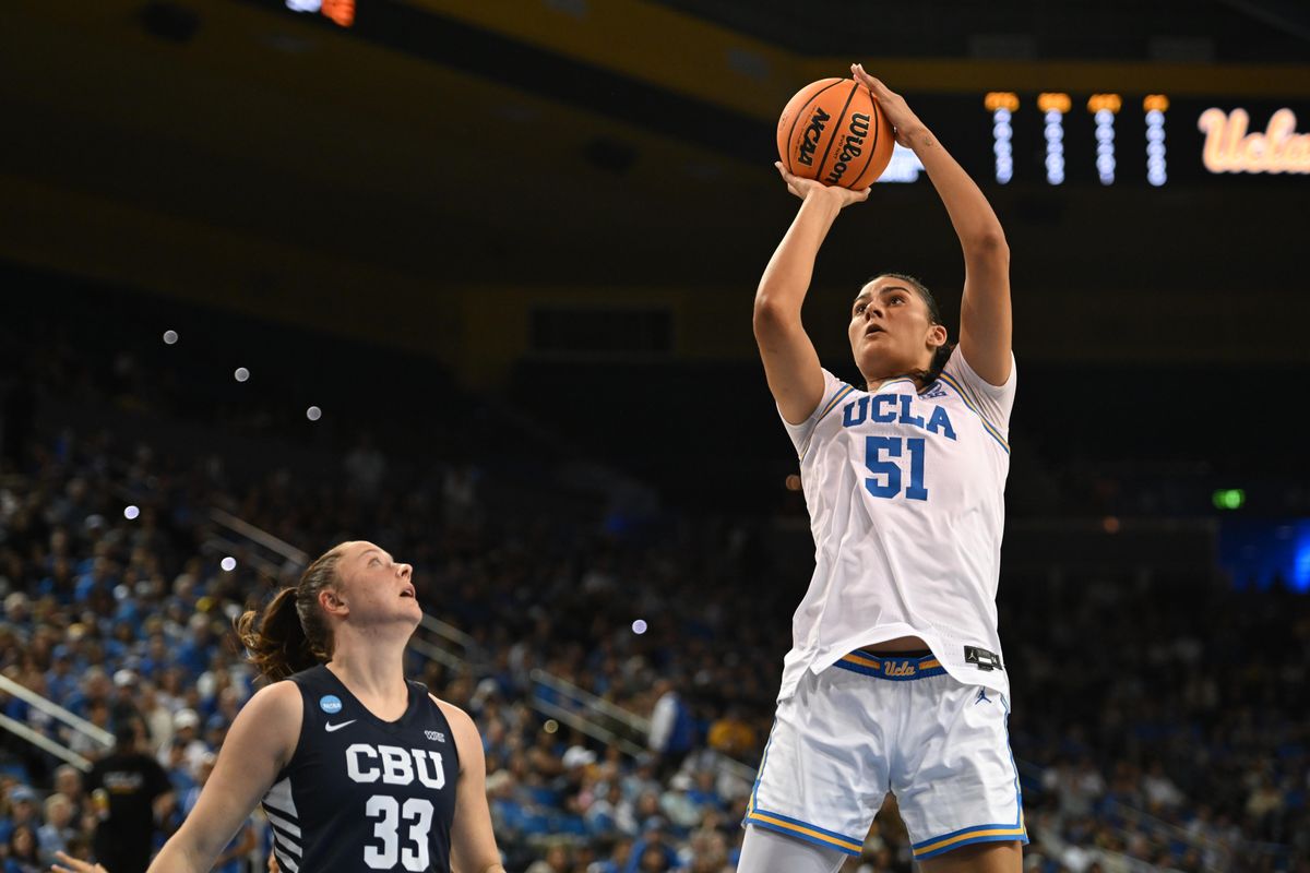 UCLA center Lauren Betts #51 takes a shot in the paint during an NCAA Women's Basketball game between California Baptist University and University of California Los Angeles on Saturday, March 21, 2026 at Pauley Pavilion in Los Angeles Calif