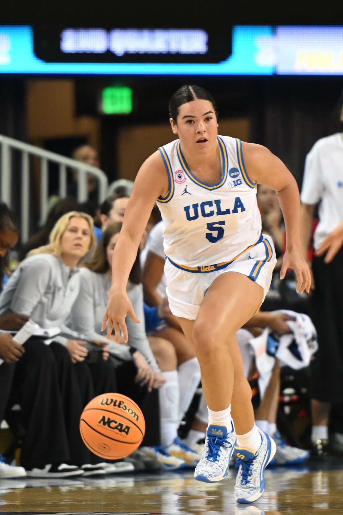 UCLA Charlisse Leger-Walker #5 dribbles the ball down court during an NCAA Women's Basketball game between California Baptist University and University of California Los Angeles on Saturday, March 21, 2026 at Pauley Pavilion in Los Angeles Calif