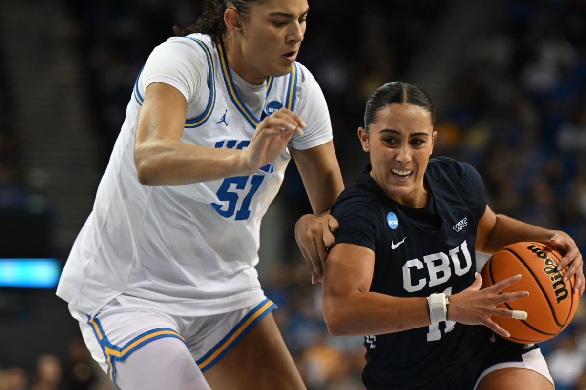 CBU guard Sofia Alonzo drives to the basket during an NCAA Women's Basketball game between California Baptist University and University of California Los Angeles on Saturday, March 21, 2026 at Pauley Pavilion in Los Angeles Calif