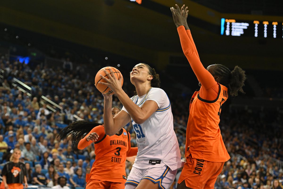 UCLA center Lauren Betts #51 makes a move in the paint during an NCAA Women's Basketball game between Oklahoma State University and University of California Los Angeles on Monday, March 23, 2026 at Pauley Pavilion in Los Angeles Calif